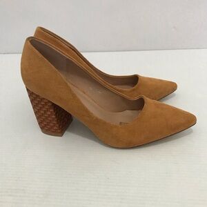 Vici Tan Suede Pointed Toe Block Heel Pumps